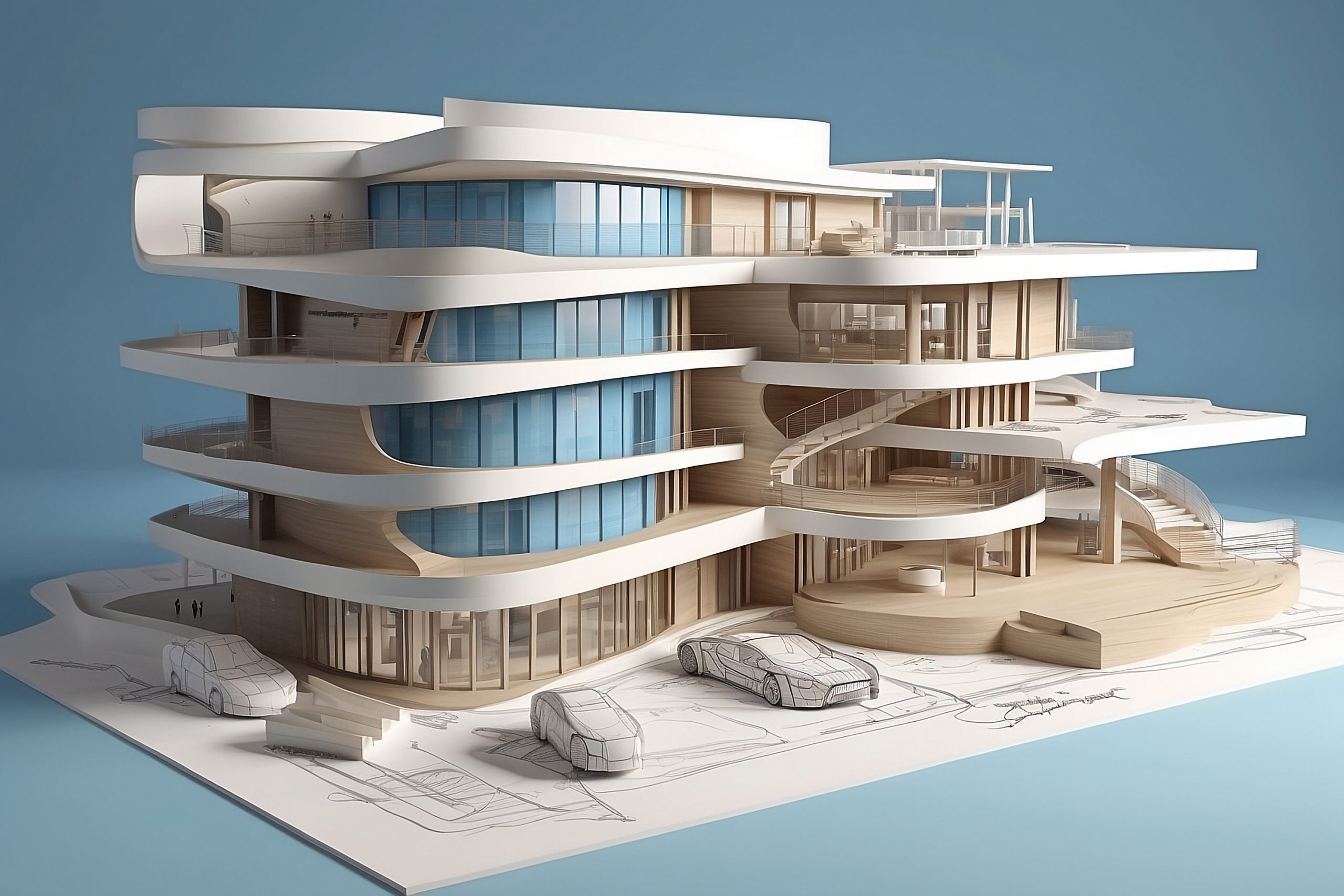 Architecture project showing different design phases, from handmade rough sketch, construction