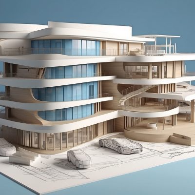 Architecture project showing different design phases, from handmade rough sketch, construction